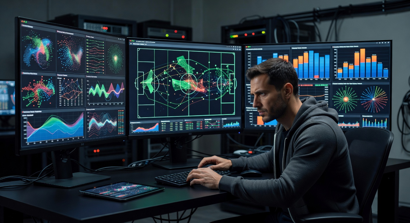 Data analyst reviewing tactical football formations and statistics on multiple monitors