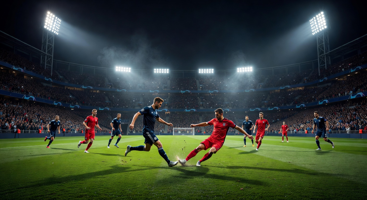 Floodlit stadium pitch during a high stakes Champions League night match