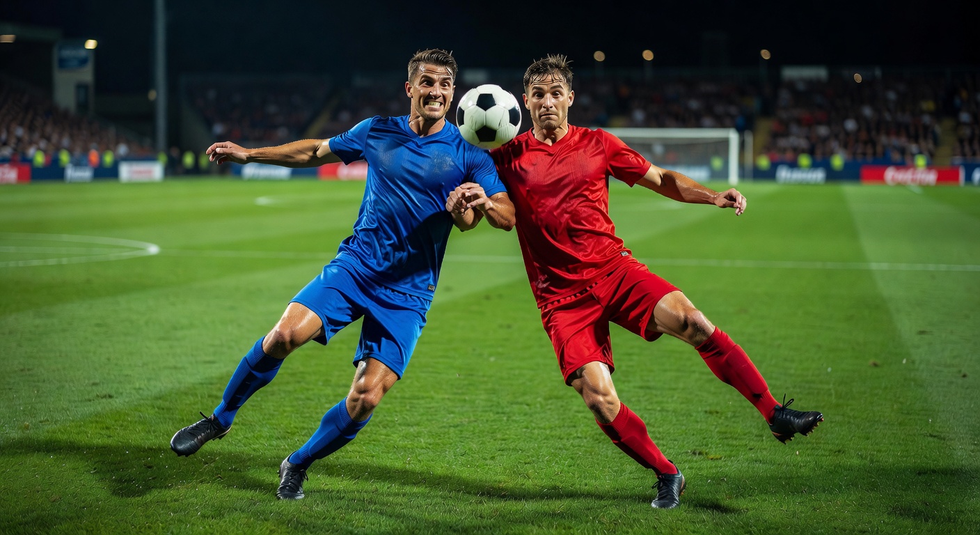 Close up of football players competing for the ball on a green pitch
