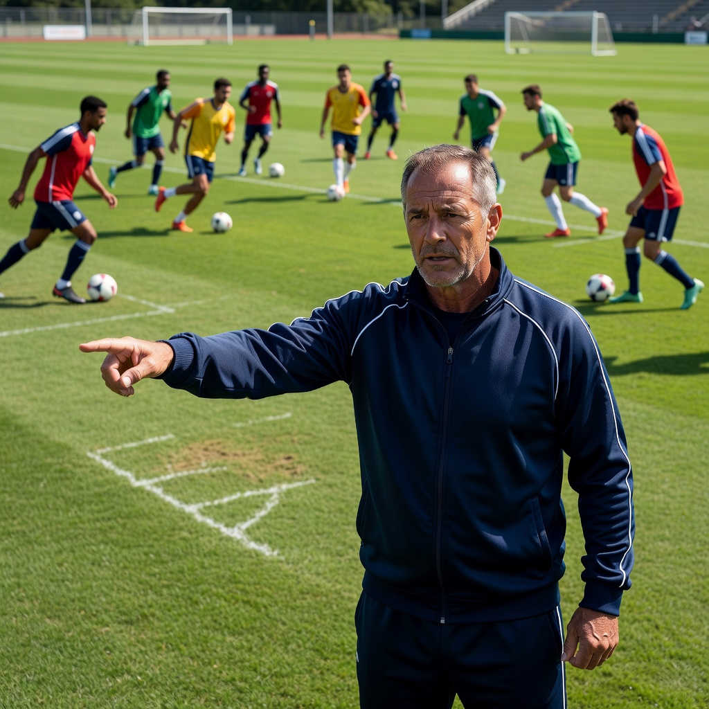 A football coach standing on the training pitch pointing instructions to players