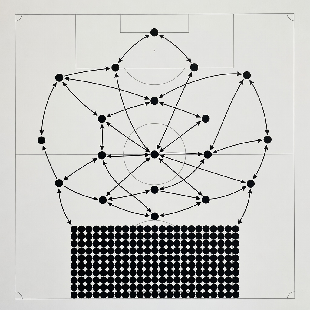 Tactical diagram illustrating a possession-based team attacking a deep low block defensive structure