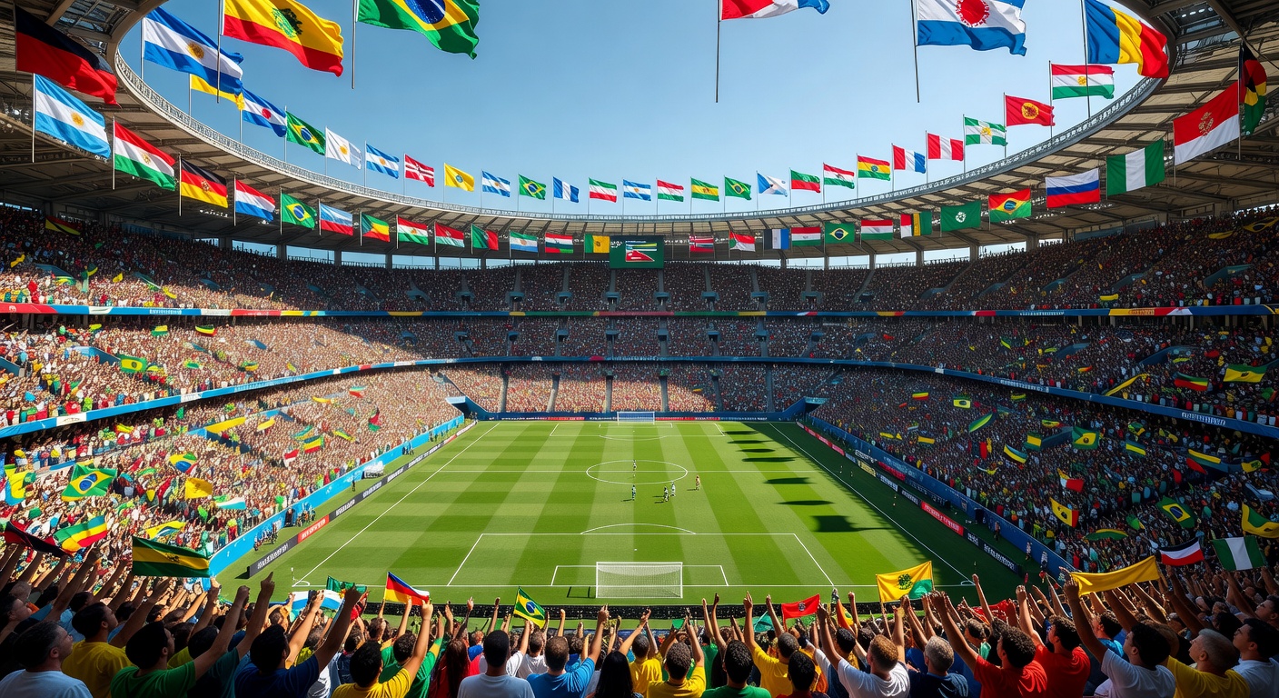 Packed stadium with flags flying during a major international World Cup tournament