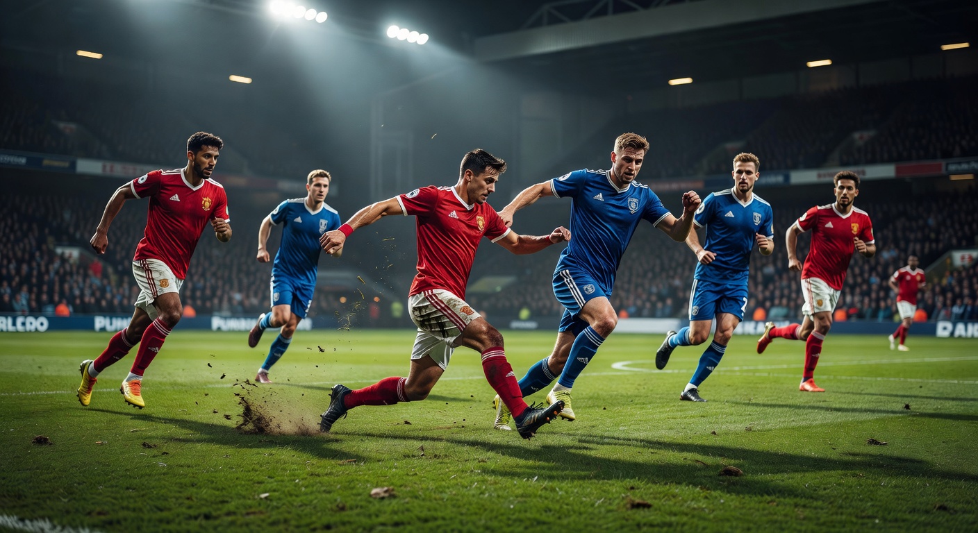 Players competing fiercely in the midfield during a fast-paced Premier League match