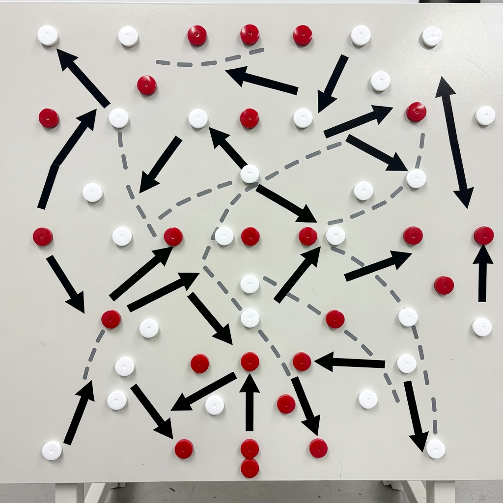 A physical football tactics board with magnetic markers and arrows indicating movement